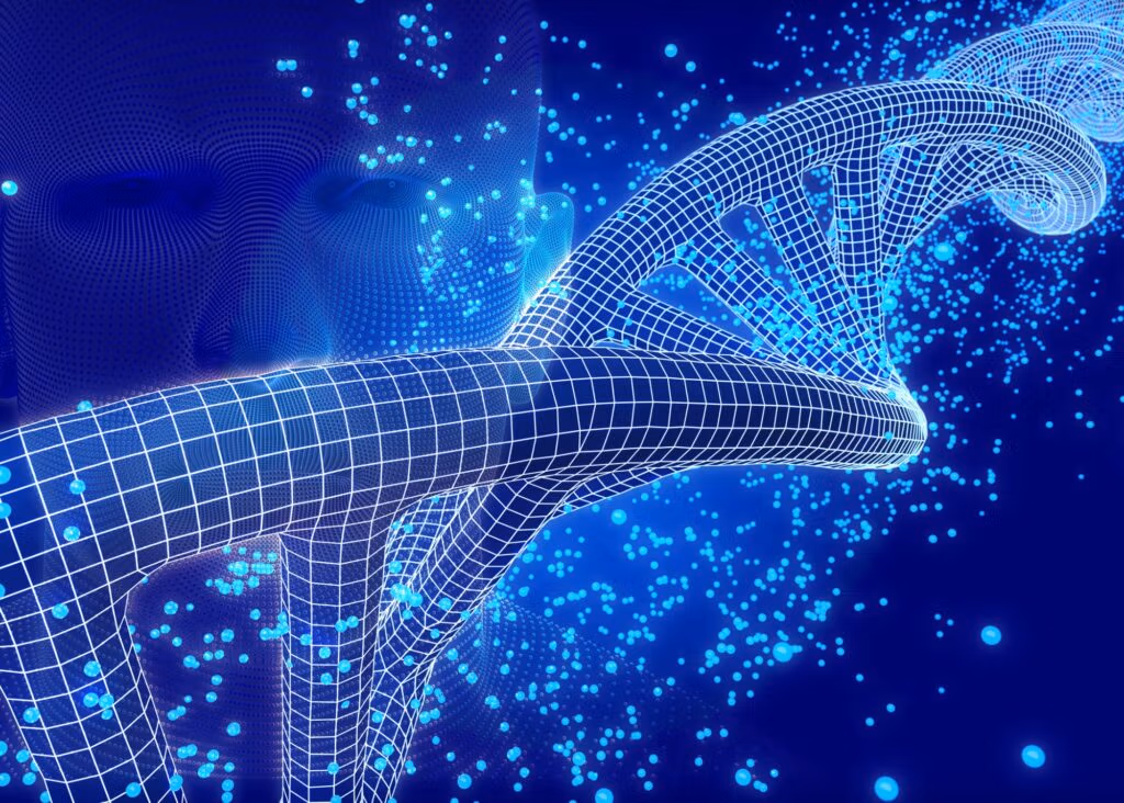 DNA strand with tech-style digital grid