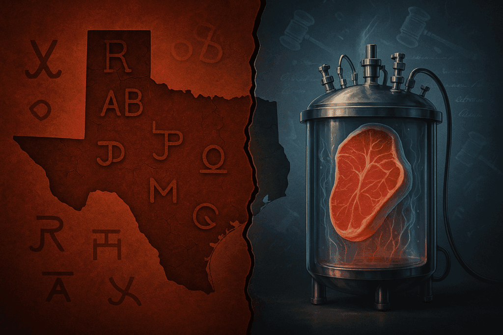 A split-screen map of Texas in rich earth-red hues on the left, overlaid with classic cattle-brand symbols; on the right, a stainless-steel bioreactor gleaming in cool silver-blue, filled with translucent muscle-cell strands forming a steak silhouette. A thin crack runs through the center, symbolizing a legal divide, with faint gavel icons and Commerce-Clause text fragments drifting upward like steam.