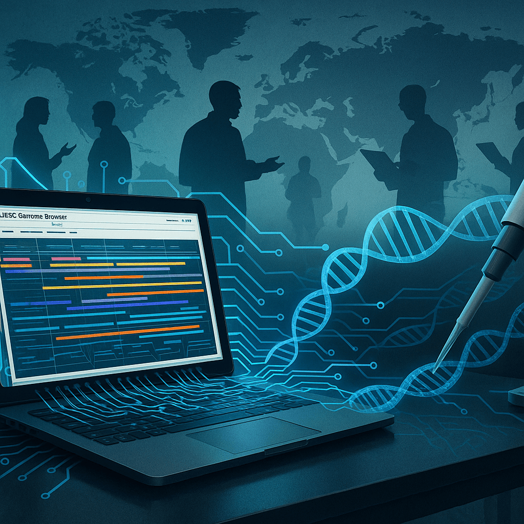 A sleek laptop sits on a lab bench; its screen shows the UCSC Genome Browser with colorful guide-RNA tracks glowing. Molecular “circuit-board” traces radiate from the screen into the lab, morphing into DNA double helices and robotic pipette arms. CRISPRware illustration: Diverse scientists in background silhouettes collaborate across a world map projected on frosted glass, symbolizing global, open-source access.