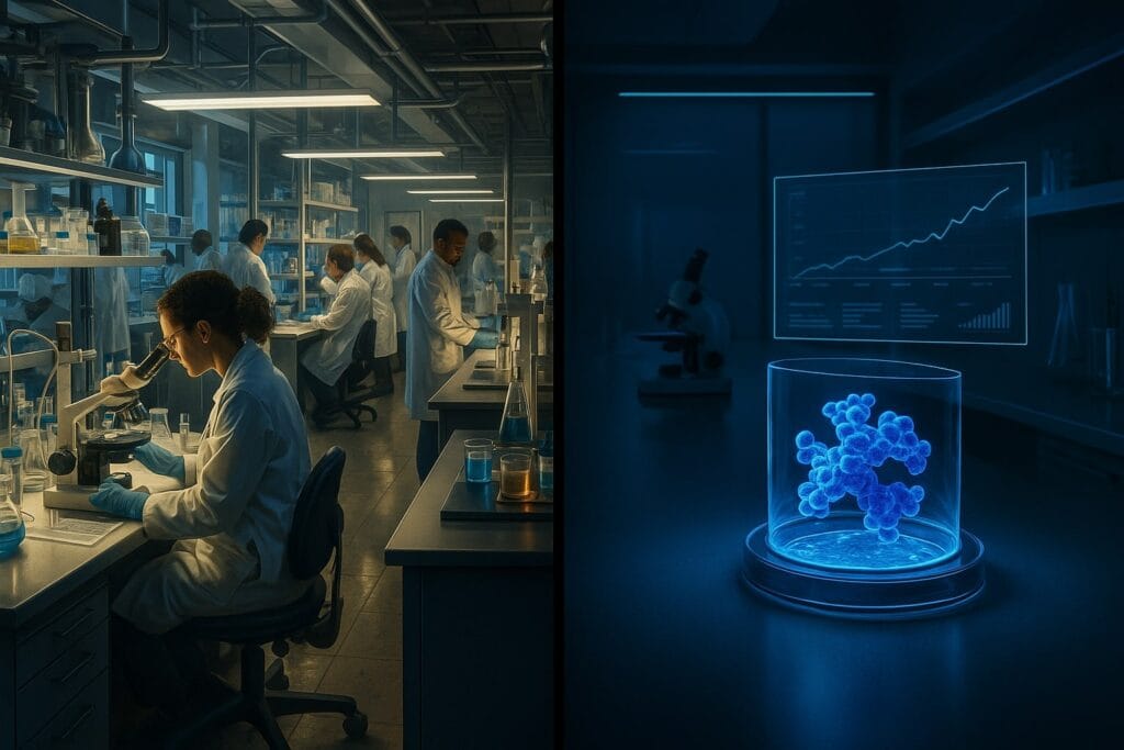 This Soleil editorial illustration depicts a sleek, modern laboratory setup, split visually down the middle:

Left Side: A bustling, traditional biotech lab cluttered with multiple pipelines, complex machinery, and large teams, symbolizing conventional "platform" biotech companies.

Right Side: A streamlined, minimalist lab space, sharply focused on one glowing, prominently displayed therapeutic molecule or cell culture, surrounded by holographic charts projecting fast-tracked clinical success and rapid market entry, symbolizing the single-asset studio model.