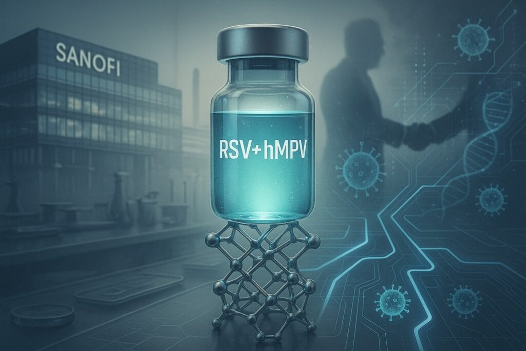  In the foreground, a glowing translucent vaccine vial marked “RSV+hMPV” floats above a molecular clamp structure rendered in metallic latticework. Behind it, a stylized biotech lab bench transitions seamlessly into a grid of futuristic pipeline pathways branching toward virus icons (RSV, flu, COVID, etc.). On the left, Sanofi’s logoed campus glows under muted daylight; on the right, a silhouette of a deal handshake dissolves into data streams and DNA helices.