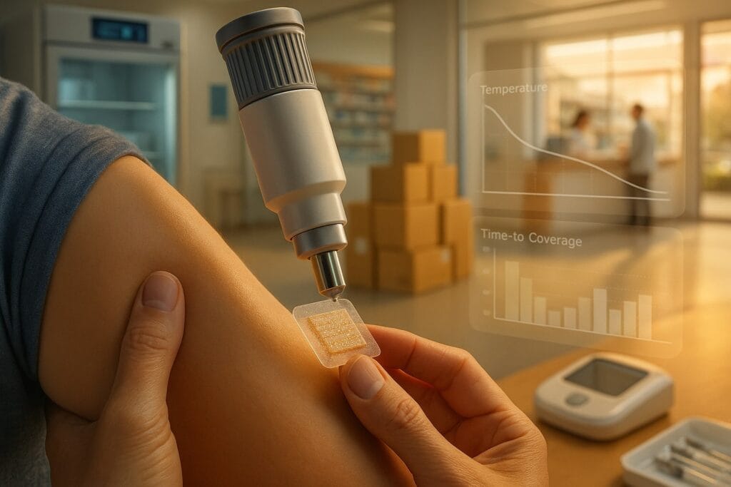 Vaxxas illustration: Close-up of a spring-loaded applicator pressing a postage-stamp microarray patch onto an upper arm; the patch’s tiny microprojections catch the light. Mid-ground left: a hospital refrigerator and syringe tray dissolve into ambient-temperature shipping cartons and a handheld patch dispenser, symbolising cold-chain and labour shifts. Mid-ground right: a translucent dashboard overlay shows a temperature-stability curve and a “time-to-coverage” throughput graph. Background: a clean clinic corridor blending into a community setting (pharmacy counter) to imply task-shifting and eventual self-use.