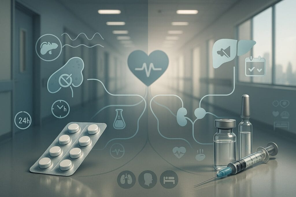 zilebesiran graphic: Split composition showing two pathways that both converge on a calm heart icon in the distance.
Left: a clean pill blister morphs into a stylized adrenal-gland icon with a subtle “blocked” glyph over a tiny synthase node, and a smooth 24-hour blood-pressure curve hovering above.
Right: a sleek injection vial and micro-needle pen near a minimalist liver icon emitting a soft “mute/silence” glyph to suggest angiotensinogen knockdown; a faint calendar icon with two highlighted ticks implies twice-yearly dosing