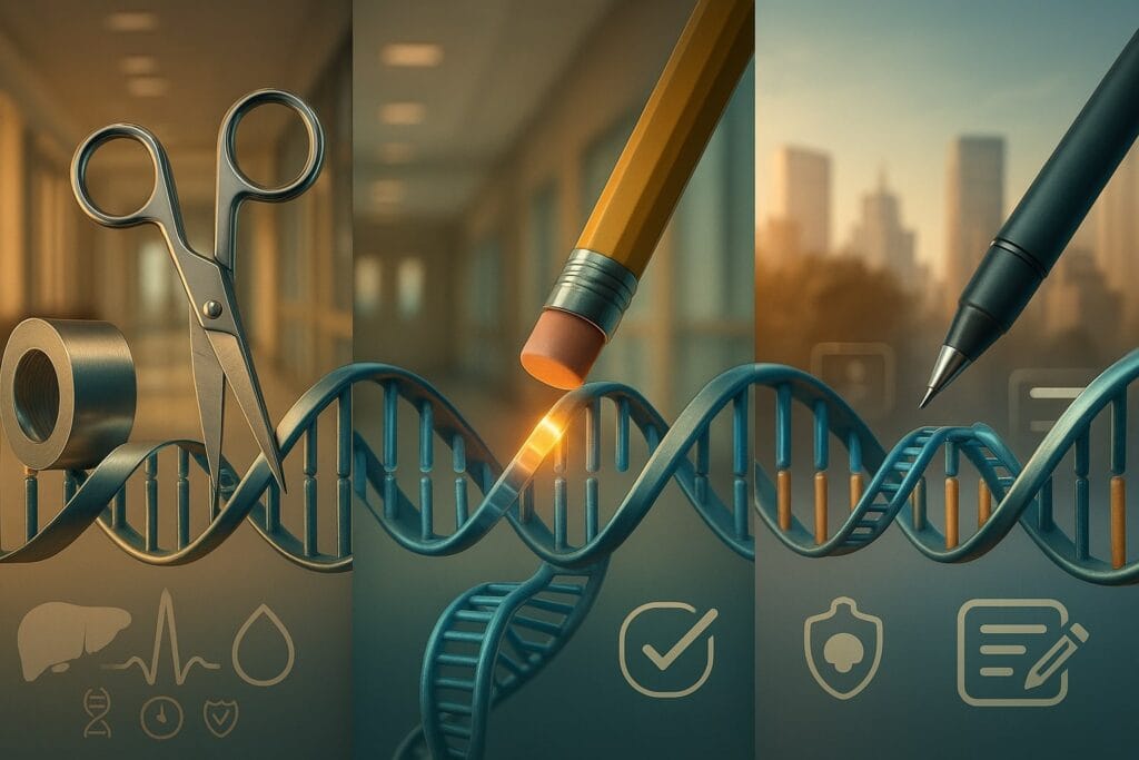 Triptych showing three panels: left, scissors and tape above a DNA cut; center, a pencil eraser removing a single glowing nucleotide; right, a stylus making a small insert. Tiny icons (liver, blood drop, shielded immune cell, stopwatch, shield) hover over a hospital corridor fading into a city skyline.