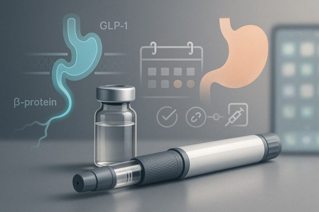 Photorealistic lab scene showing a plain injection pen and glass vial; to the left, a stylised GLP-1 receptor with a glowing G-protein pathway and a faded β-arrestin branch; to the right, a calm stomach icon and a simple calendar with four dots; small icons (tick, shield, syringe, chain link) float nearby; a blurred smartphone suggests telehealth. Representational image with no logos.