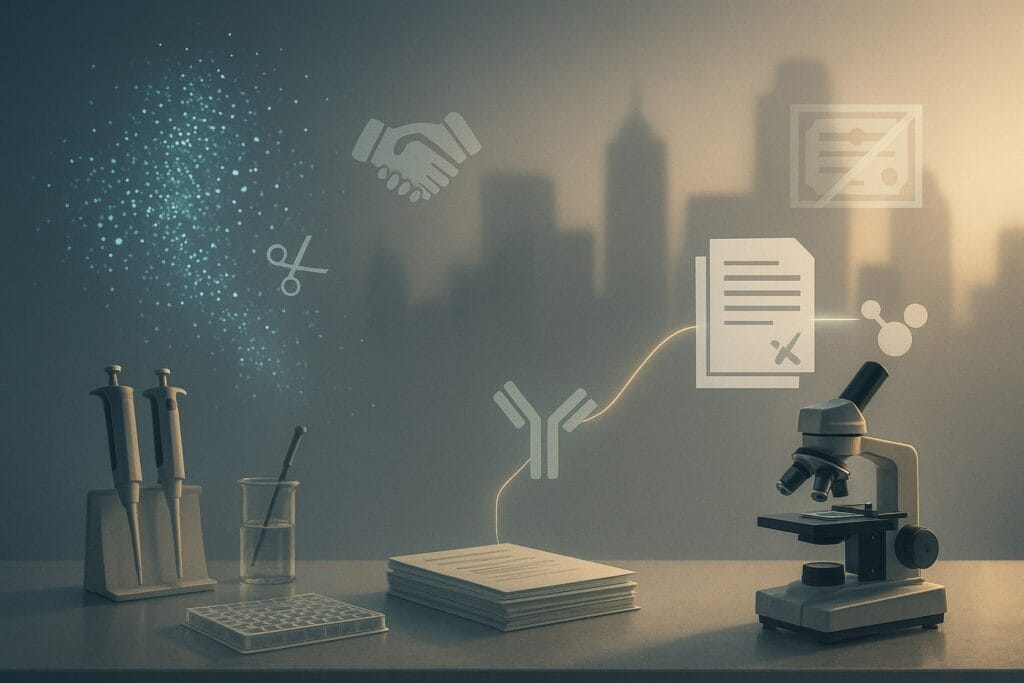 Neutral lab bench with pipettes, plate, and microscope; a teal single-cell point cloud and gene-scissor icon; a glowing data thread links a “target dossier” to an antibody/small-molecule glyph; distant skyline shows handshake and a crossed-out share certificate.