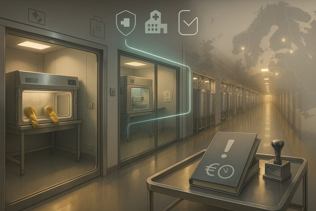 Photorealistic, people-free clean-room scene: an unbranded cell-therapy isolator and stainless incubator at left; behind glass, a compact point-of-care room; at right, a long corridor of identical bioreactors. A thin teal “data rail” connects the rooms toward a small document-check icon. In the foreground, a metal cart holds two plain binders—one with an exclamation symbol, one with a euro-sign and clock—and a steel stamp, suggesting works-council approvals and staged payments. A soft, label-free map of Europe glows at nodes across Benelux, France, Germany, the UK, Italy, and Spain. Overlay icons (shield, hospital, factory, checklist) reference GMP oversight. Neutral greys, subtle teal/amber highlights; no logos or readable labels.