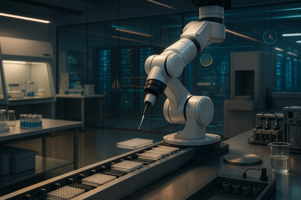 Wide 3:2 editorial image of an AI-orchestrated lab: a 6-axis robot transfers a microplate along a short conveyor toward an assay bay, a single pipette droplet suspended. Left bench shows generic plates and an imaging hood; right, a 200 mm wafer on a cassette and a small battery test rack. Through a glass wall, GPU server racks emit a soft glow, linked to instruments by faint “data rails.” Subtle icon overlays (flask, wafer, battery, line chart, clock); people-free, no logos.
