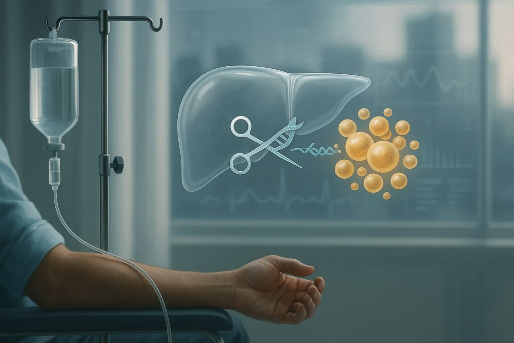 CTX310 Treatment: Wide hospital scene showing an anonymous patient’s arm connected to a neutral IV drip, with a translucent holographic liver above the arm. A stylised DNA strand with a scissor icon appears in front of the liver, facing a cluster of golden “cholesterol” spheres. In the blurred background, cardiology monitors display abstract heart and lipid graphs and a faint city skyline, suggesting modern clinical gene-editing therapy for cholesterol.
