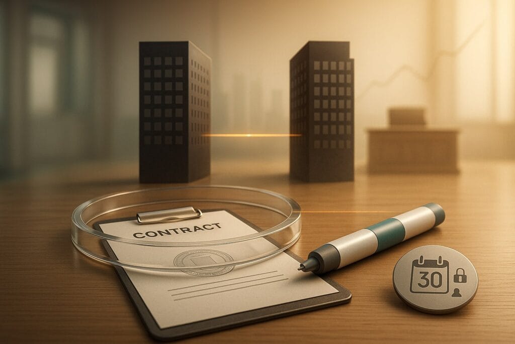 Photorealistic scene in warm, golden light: a contract on a clipboard encircled by a glass “moat,” next to a generic GLP-1 injector, a 30-tick calendar disc, and small hourglass/padlock icons. In soft focus, two corporate towers face each other with a faint data-link and a courtroom bench; a subtle rising line chart in the background. No logos, no readable text—icons only.