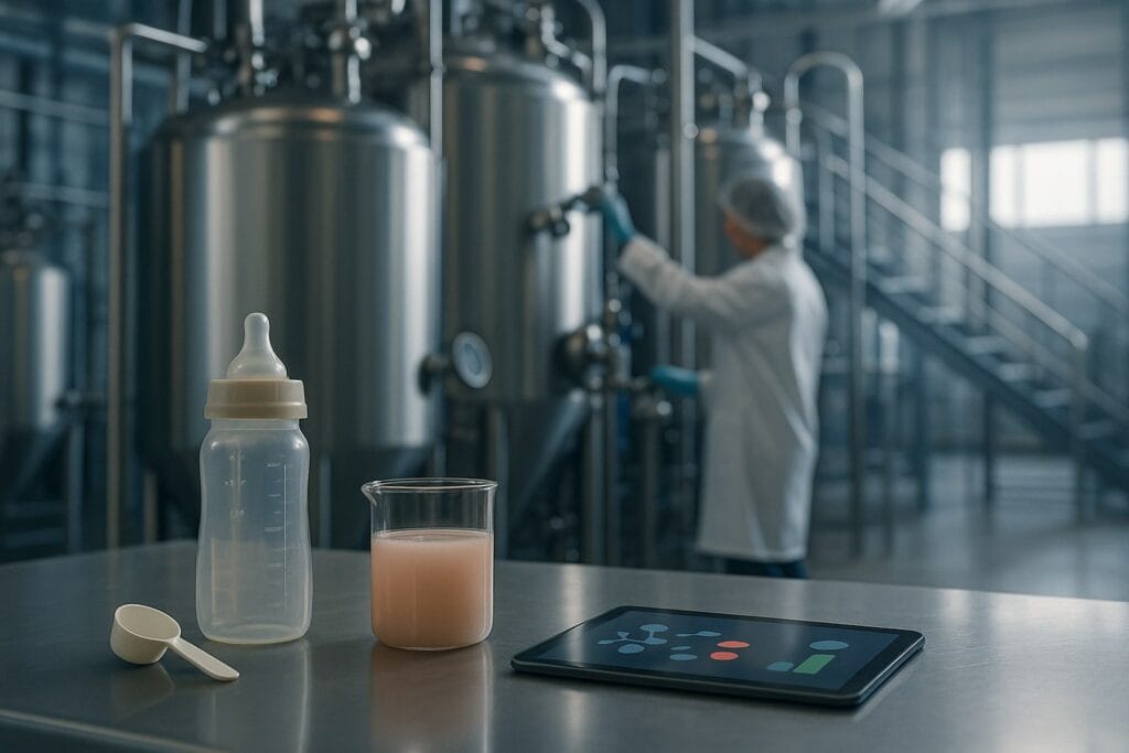 Stainless-steel lab bench in a modern biomanufacturing facility with a clear baby bottle, a scoop, a beaker of faintly pink liquid and a tablet showing abstract protein icons in the foreground, while a technician in a white coat adjusts large fermentation tanks in the blurred background.