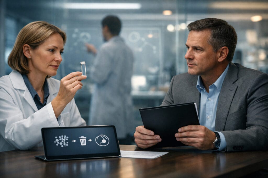 Scientist and business executive with visible faces sit at a conference table in a modern biotech office, reviewing a clear vial and a blank term-sheet folder, while a tablet shows abstract protein-degradation icons and a researcher works at a glass board in a lab behind them.